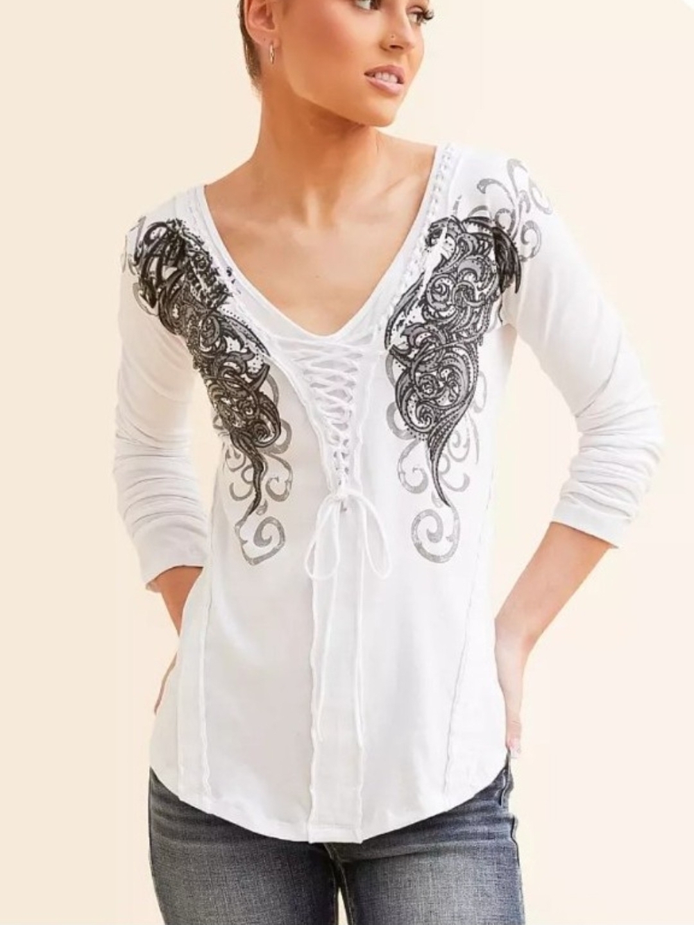 Affliction Covington rhinestone-embellished graphic v-neck long sleeve